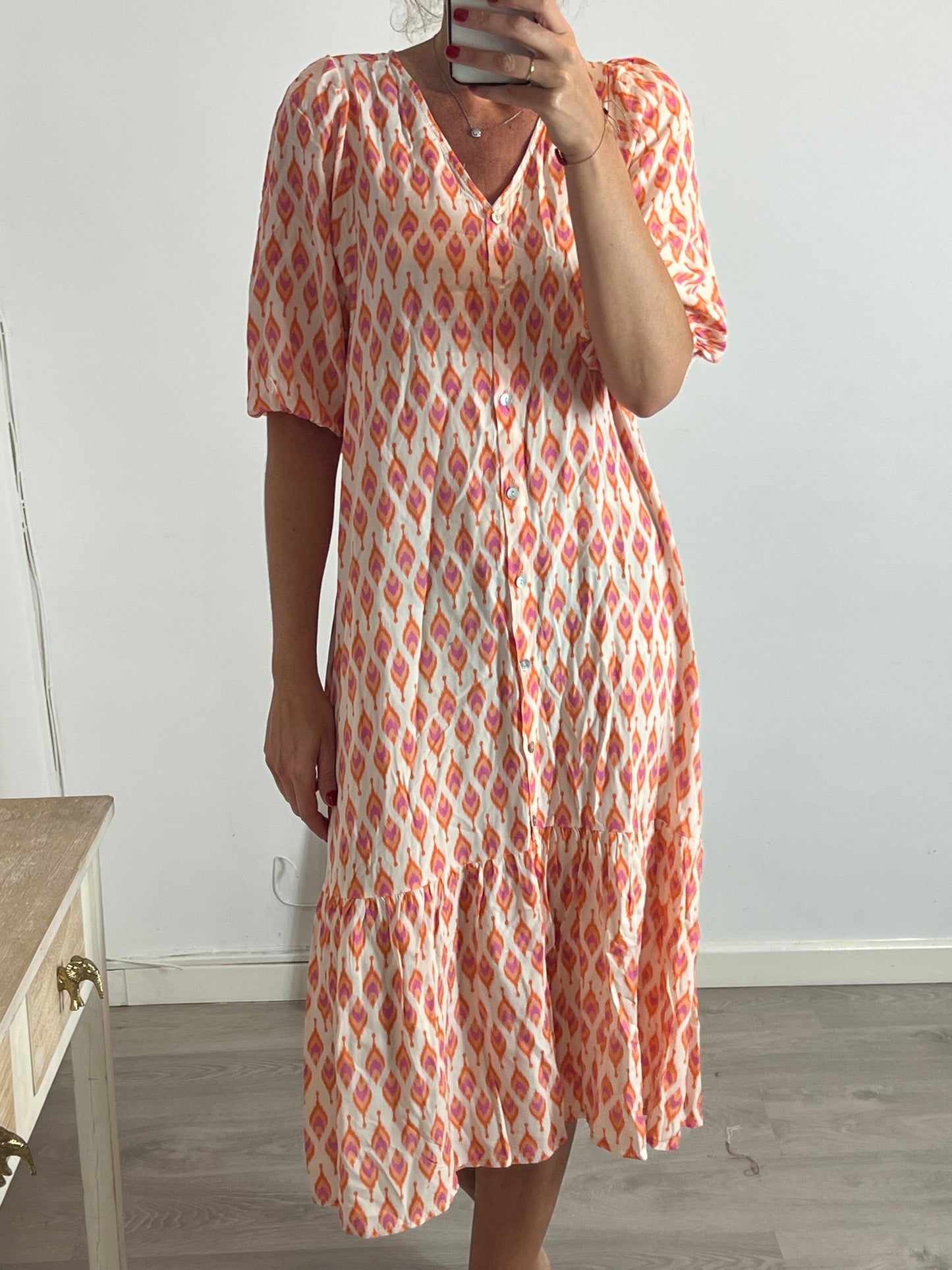 MINDTRAVELER. Orange print midi dress. YOU (M)