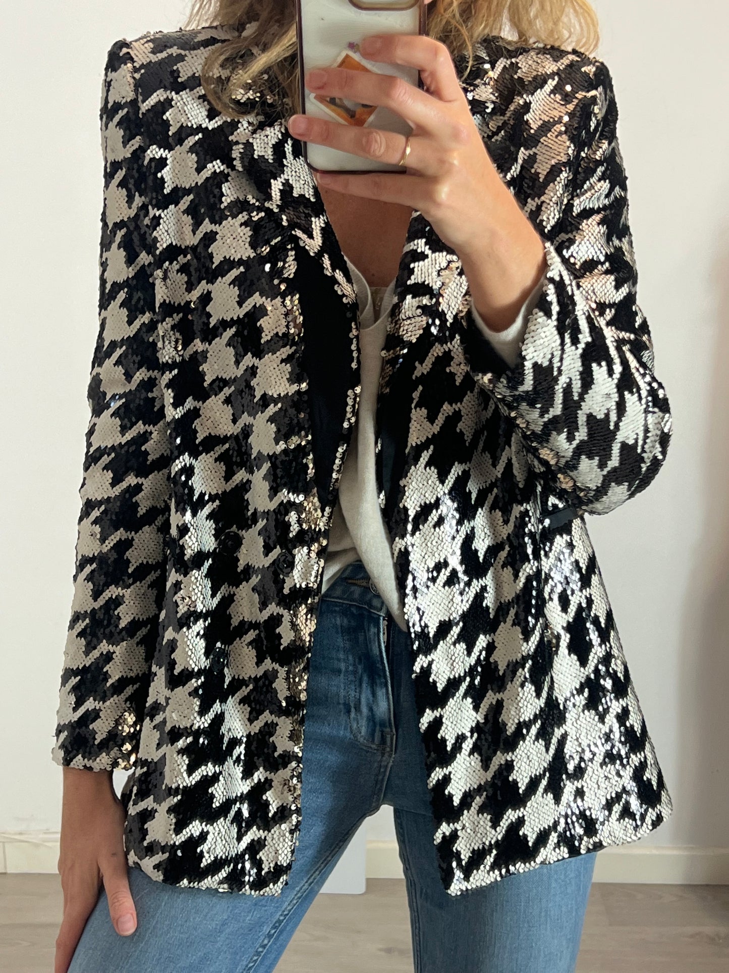 TOPSHOP. Houndstooth Sequin Blazer. TM