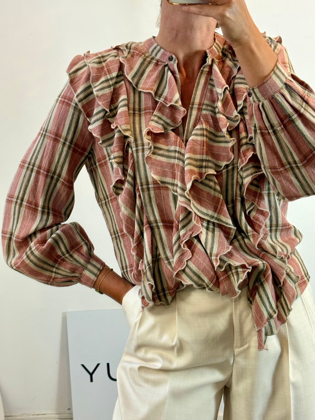 DIEGA.  Blusa cuadros y volantes mezcla