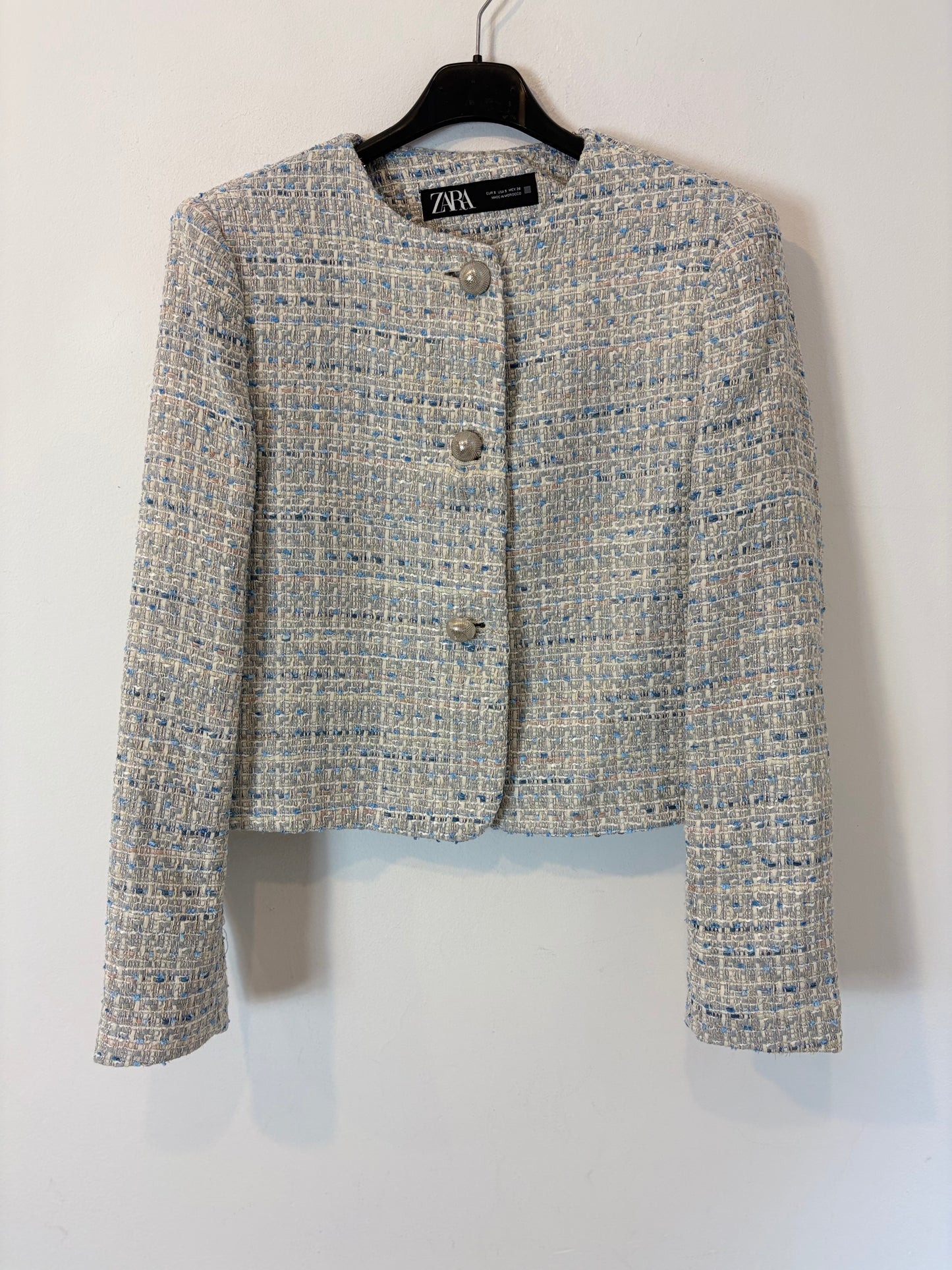 ZARA. Conjunto chaqueta y falda pantalón tweed azules. T XS/S