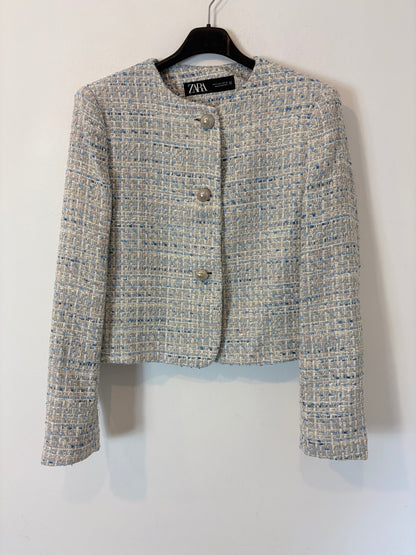 ZARA. Conjunto chaqueta y falda pantalón tweed azules. T XS/S