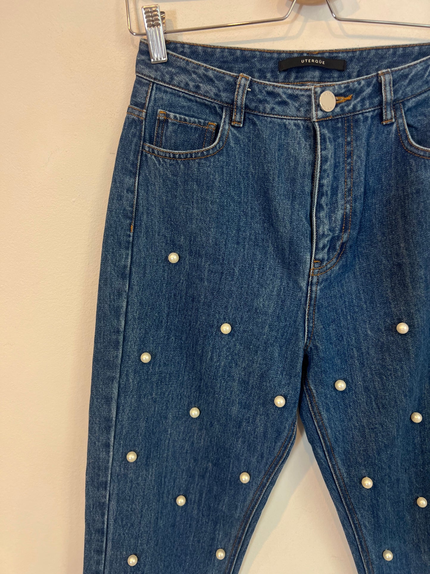 UTERQÜE. Denim recto perlas. T 38