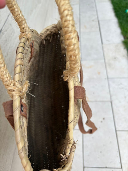 Bolso redondo paja doble asa en piel