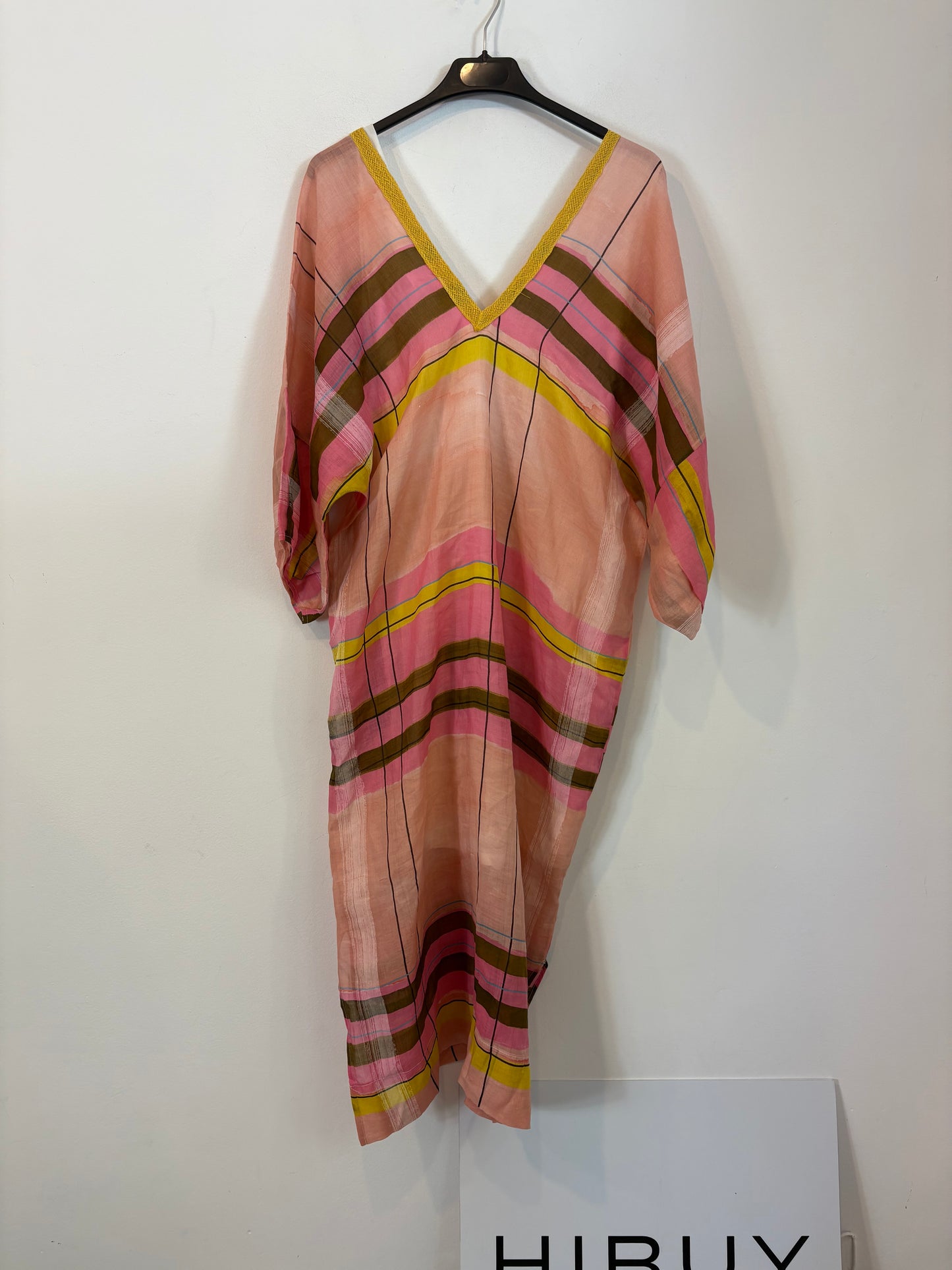 MONOPLAZA. Vestido midi lino cuadros. T S/M