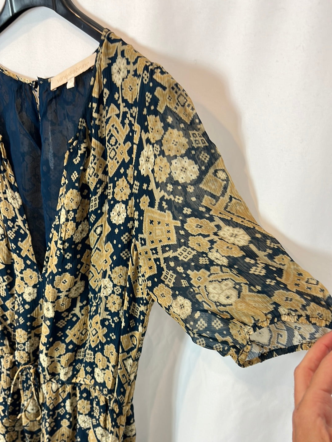 VANESSABRUNO. Long dress with a blue and mustard print. Size 36