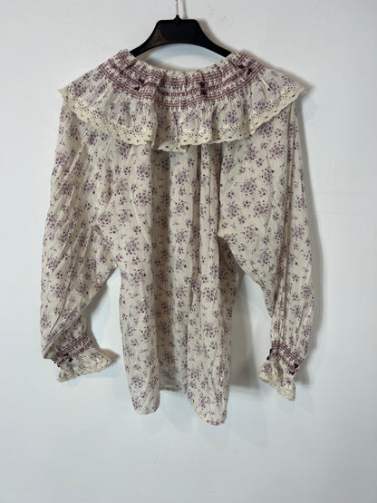 MAKSU. Beige blouse purple flowers Ts