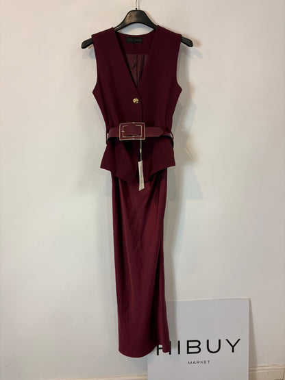 ZARA. Vestido largo doble textura burdeos
