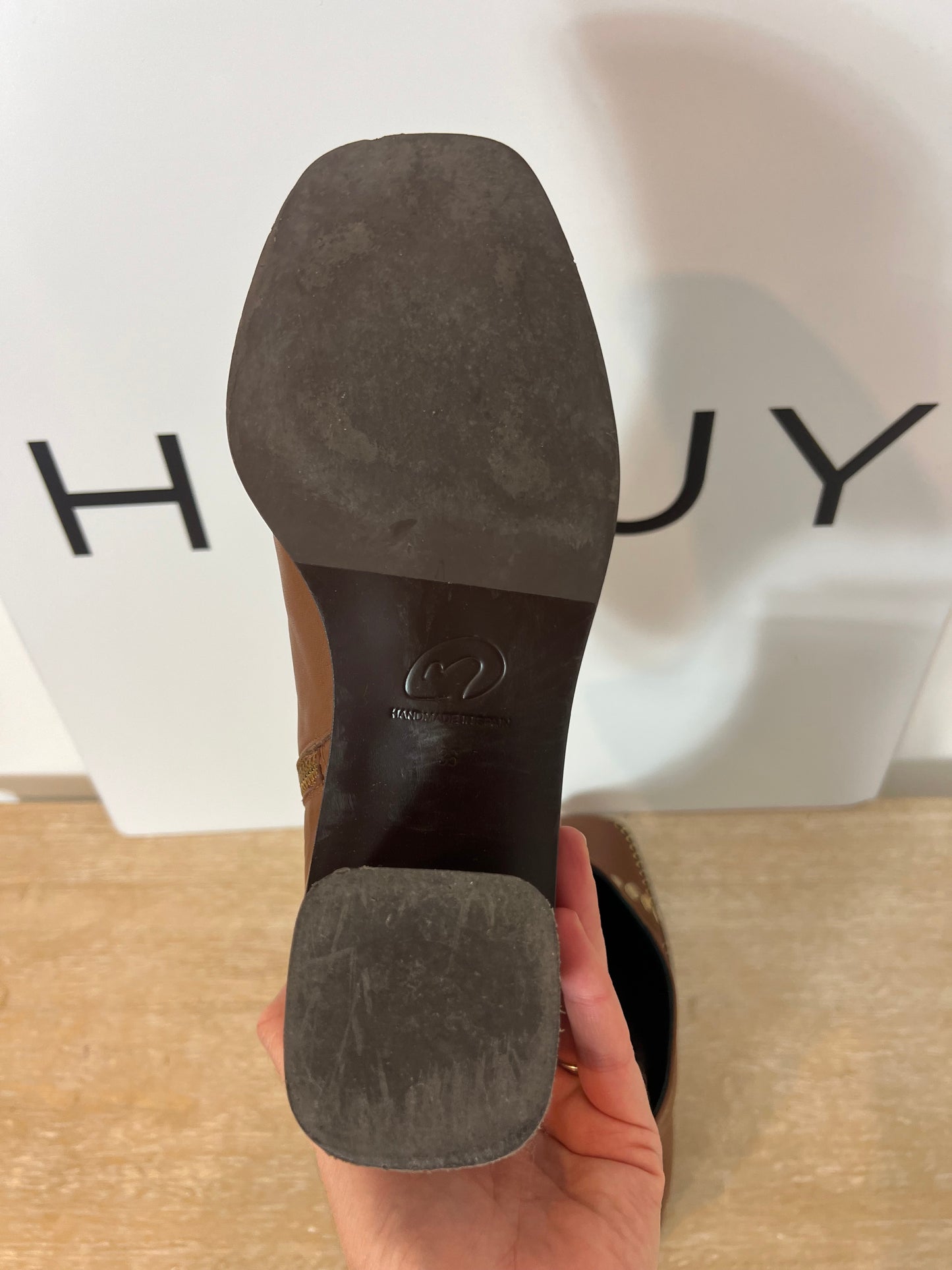 MICUIR. Camel ankle boots with gold studs, size 38