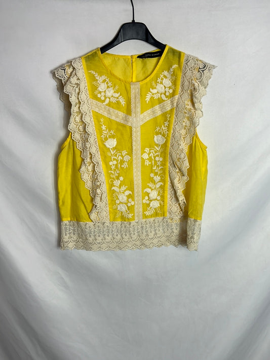 ZARA. Top amarillo encajes. T S