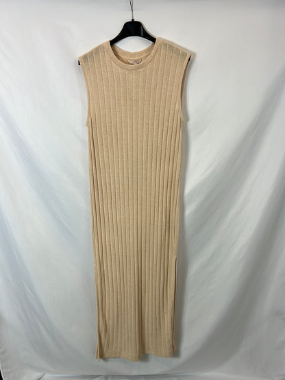 H&M. Vestido canalé beige largo. T S