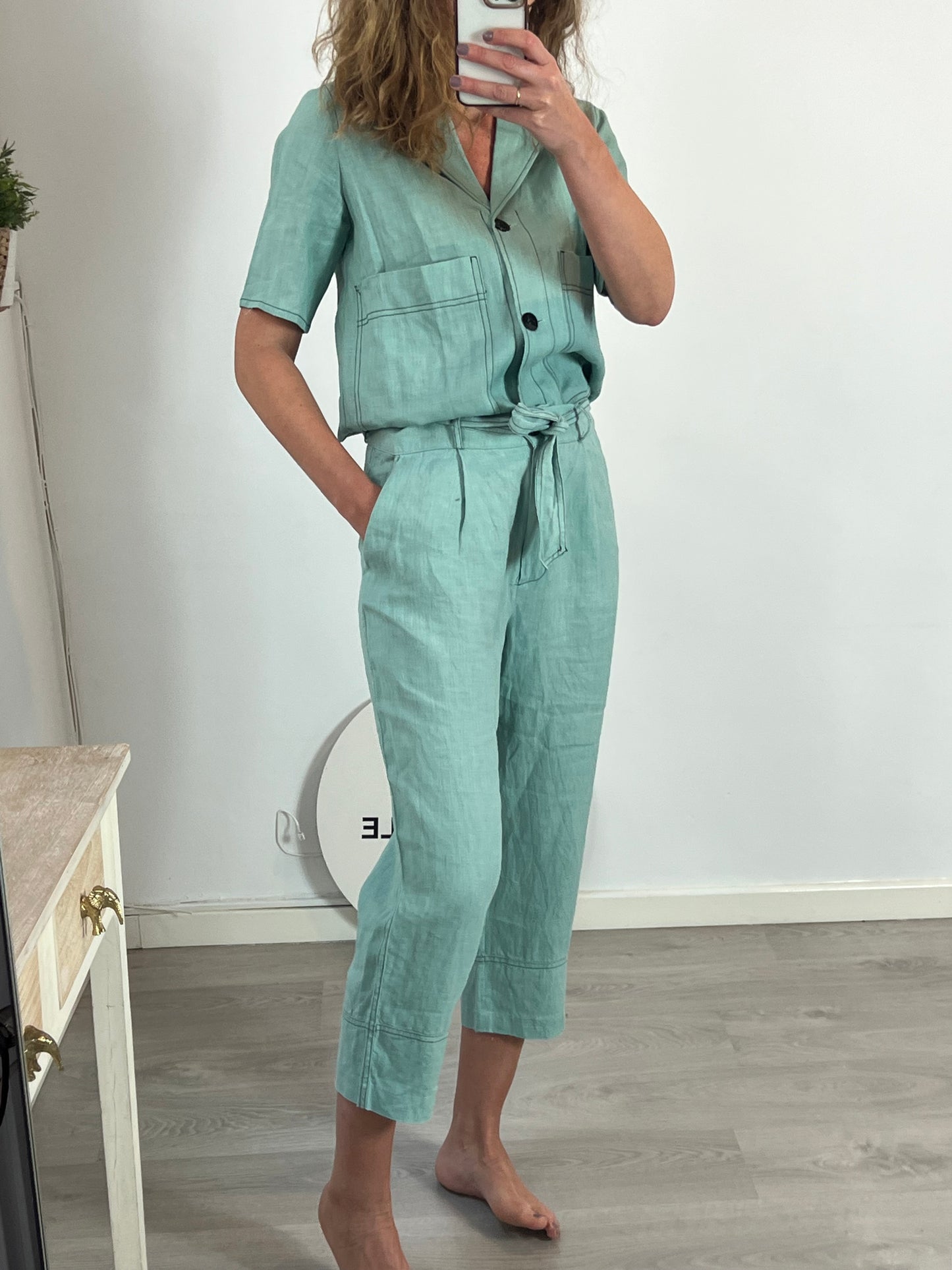 SOPHIE AND LUCIE. Short-sleeved aqua-green linen jacket. Size 36