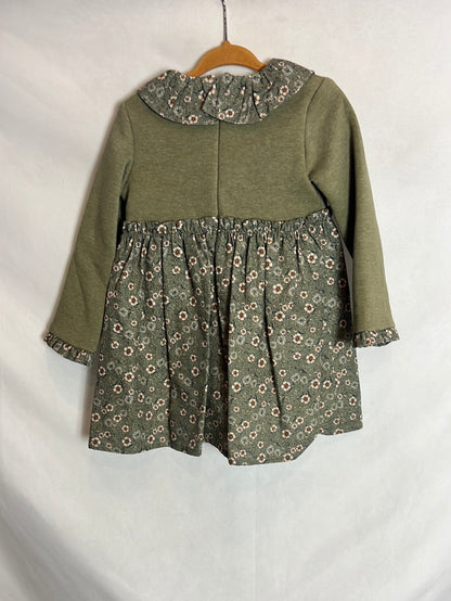 ANCAR. Vestido felpa y flores verdes T. 3 años