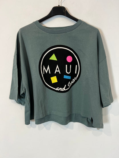 PULL&BEAR. Camiseta azul crop dibujo. T L