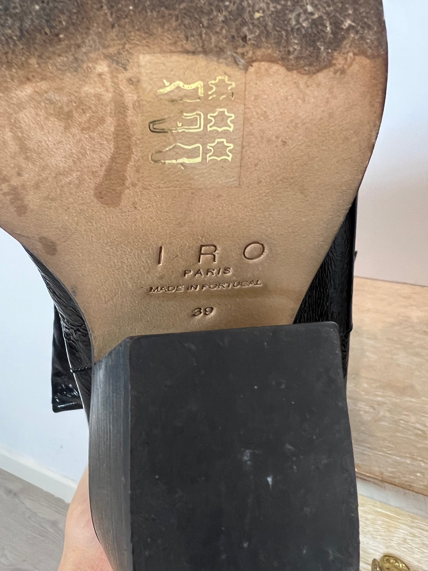 IRO. Black vinyl leather high boots, size 39