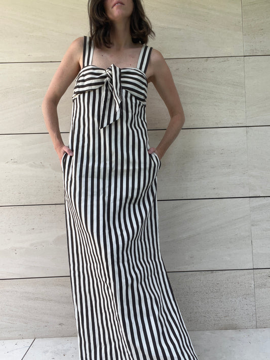 MASSIMO DUTTI. Vestido rayas en marrón bolsillos