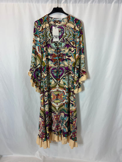 ZARA. Vestido largo estampado estilo túnica. T M