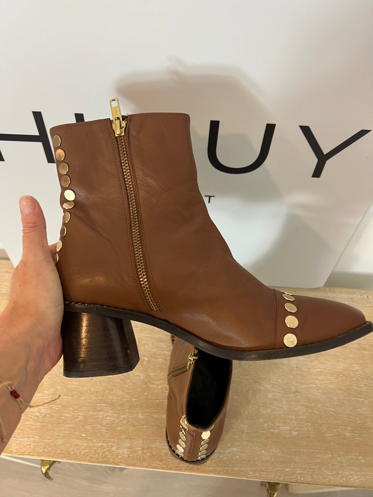 MICUIR. Camel ankle boots with gold studs, size 38