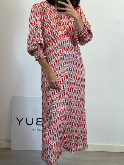 MUSCARI. Vestido beige flechas T. (s/m)