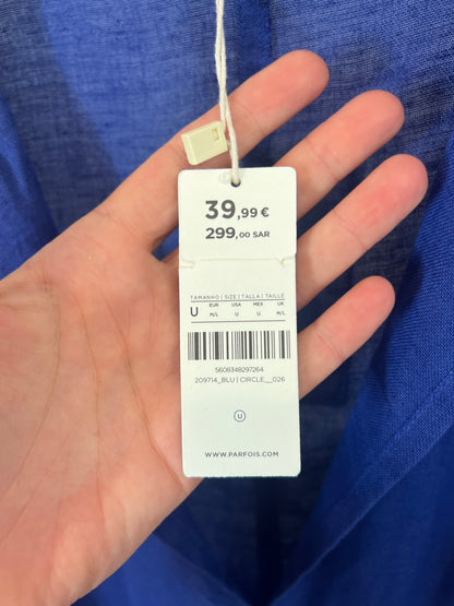 PARFOIS. Vestido azul detalle espalda lino y algodón. TU