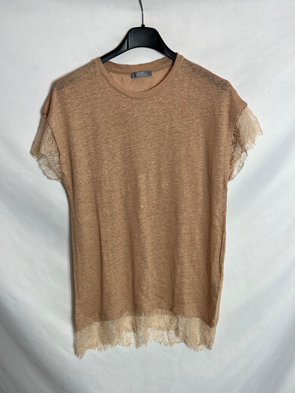 ZARA. Nude linen lace T-shirt TM