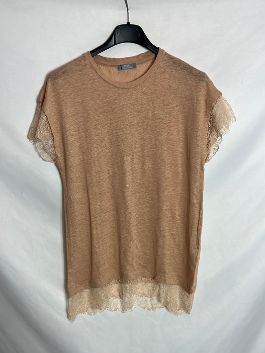 ZARA. Nude linen lace T-shirt TM