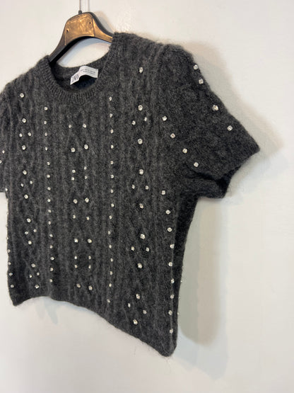 ZARA. Top punto gris pedrería T.s