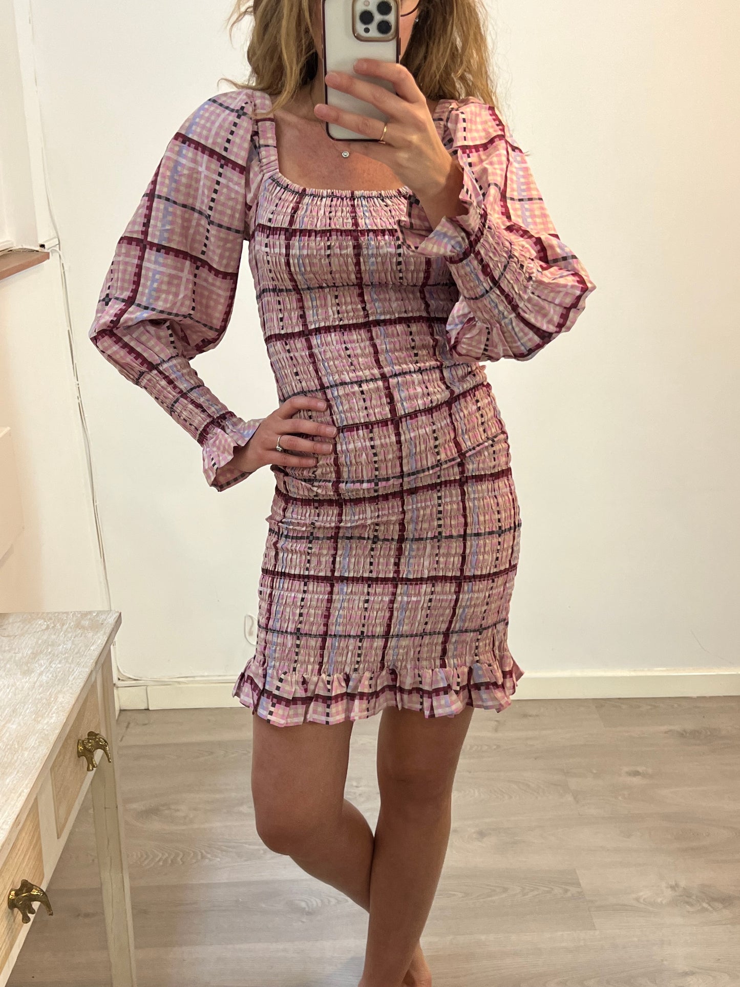 GANNI. Vestido cuadros nido de abeja T.36