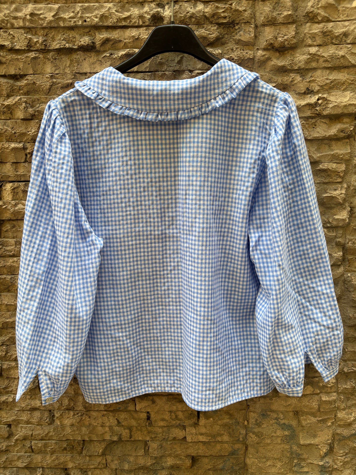 BROWNIE. Blue gingham blouse. TS/M