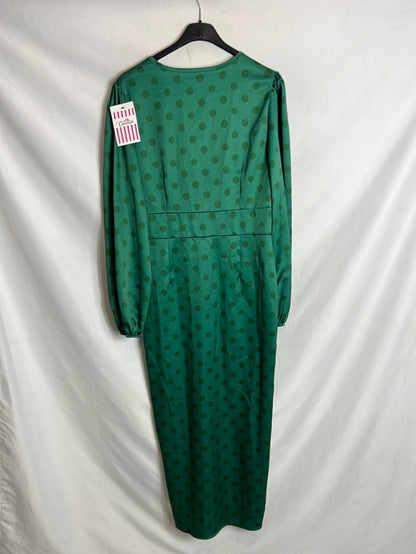 CLARA CASTLE. Vestido midi verde lunares.  T M