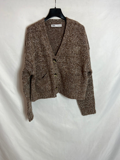 ZARA. Cárdigan corto jaspeado marrón. T M