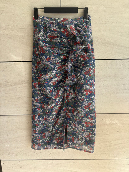 MASSCOB. Falda midi estampada volante mezcla