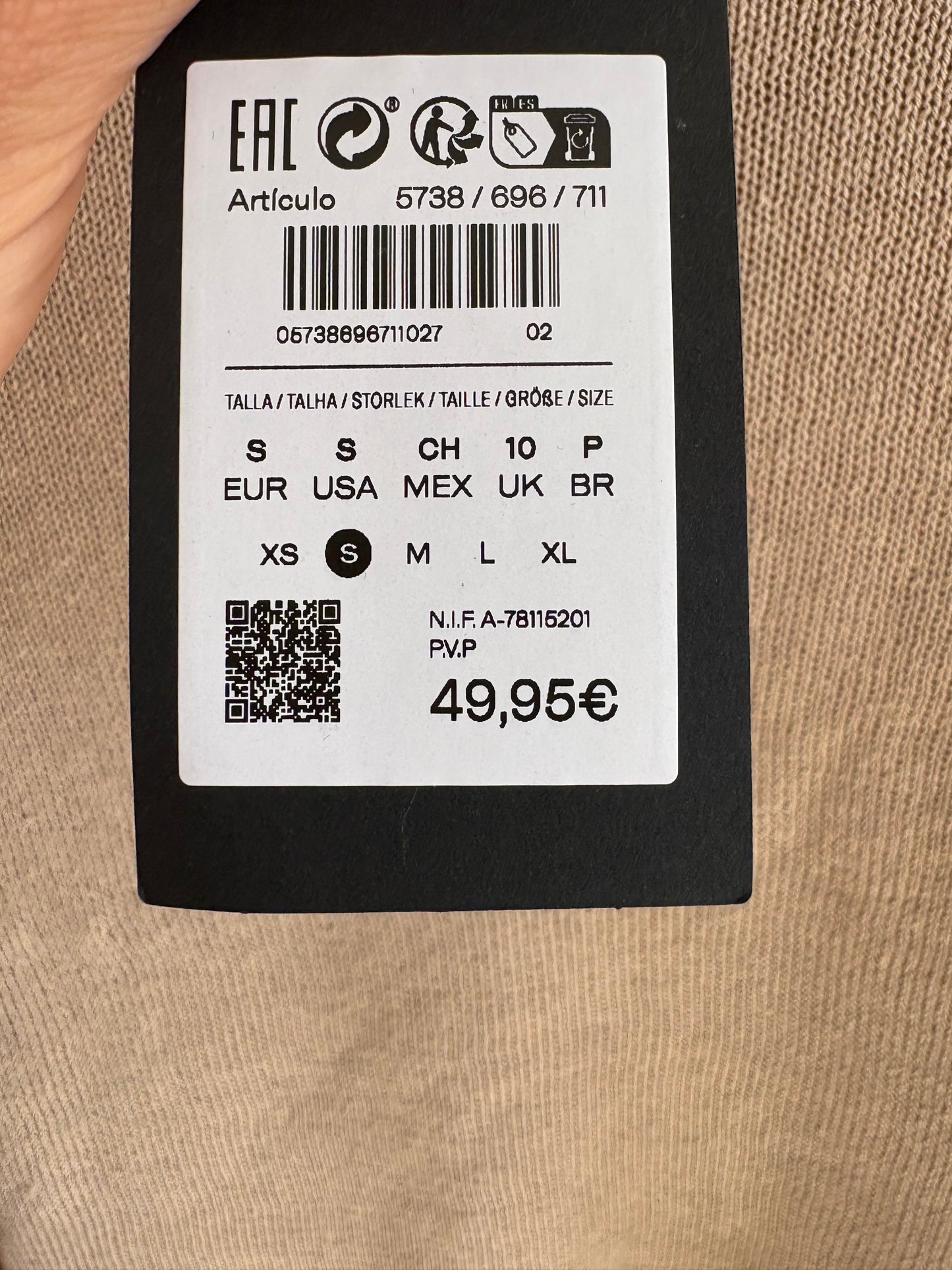 MASSIMO DUTTI. Top beige punto manga larga