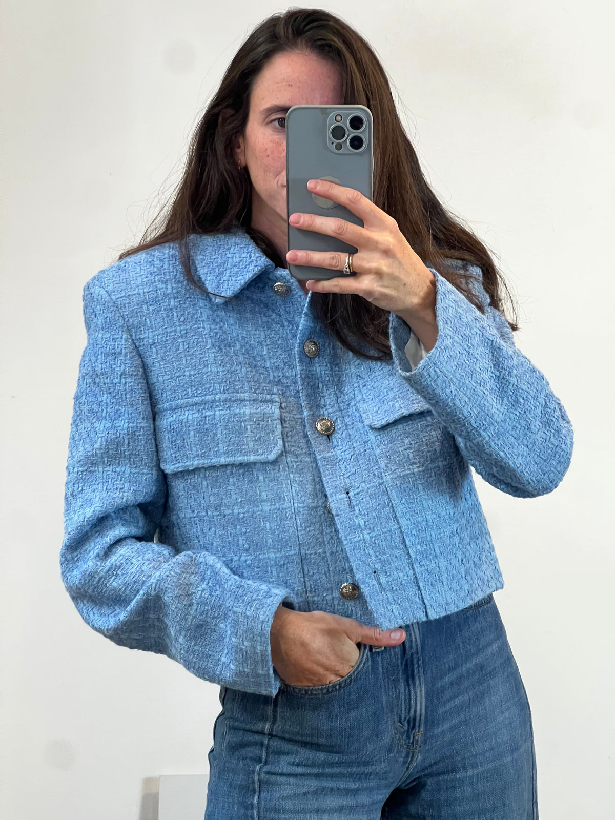 ZARA. Chaqueta tweed azul claro