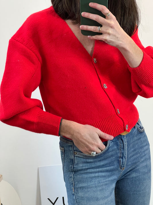 MANGO.Chaqueta punto roja botones joya