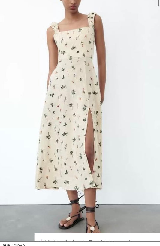ZARA. Vestido largo  lino bordados
