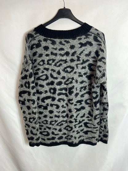 MASSIMO DUTTI. Jersey gris y negro cuello pico. T XS