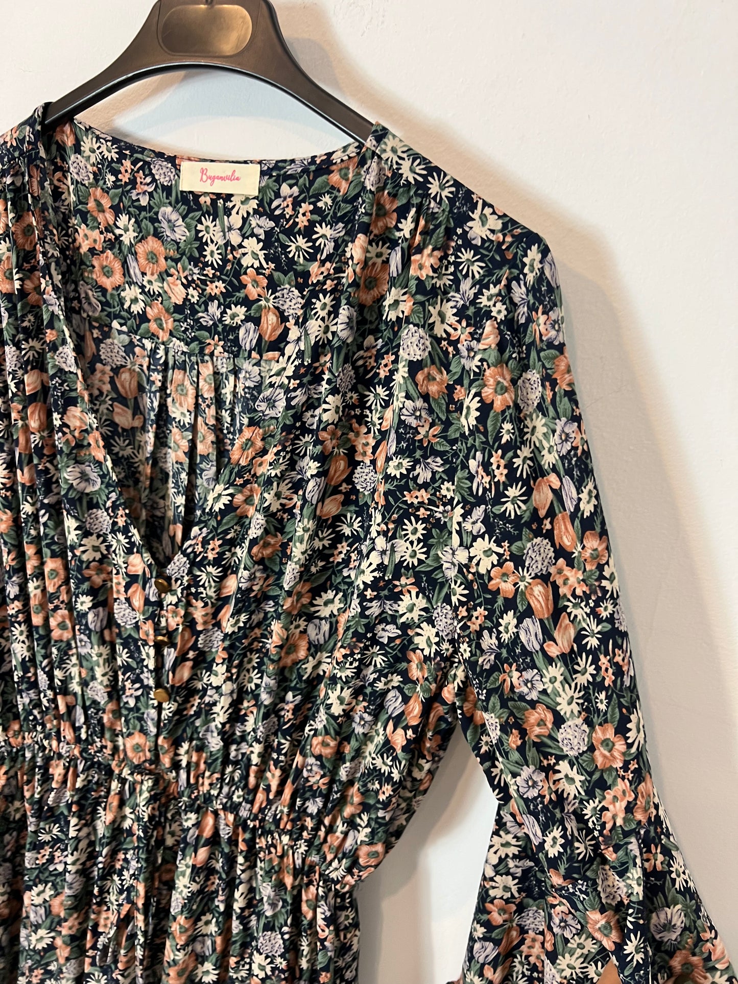 BUGANVILIA. Vestido largo flores volantes. T S/M