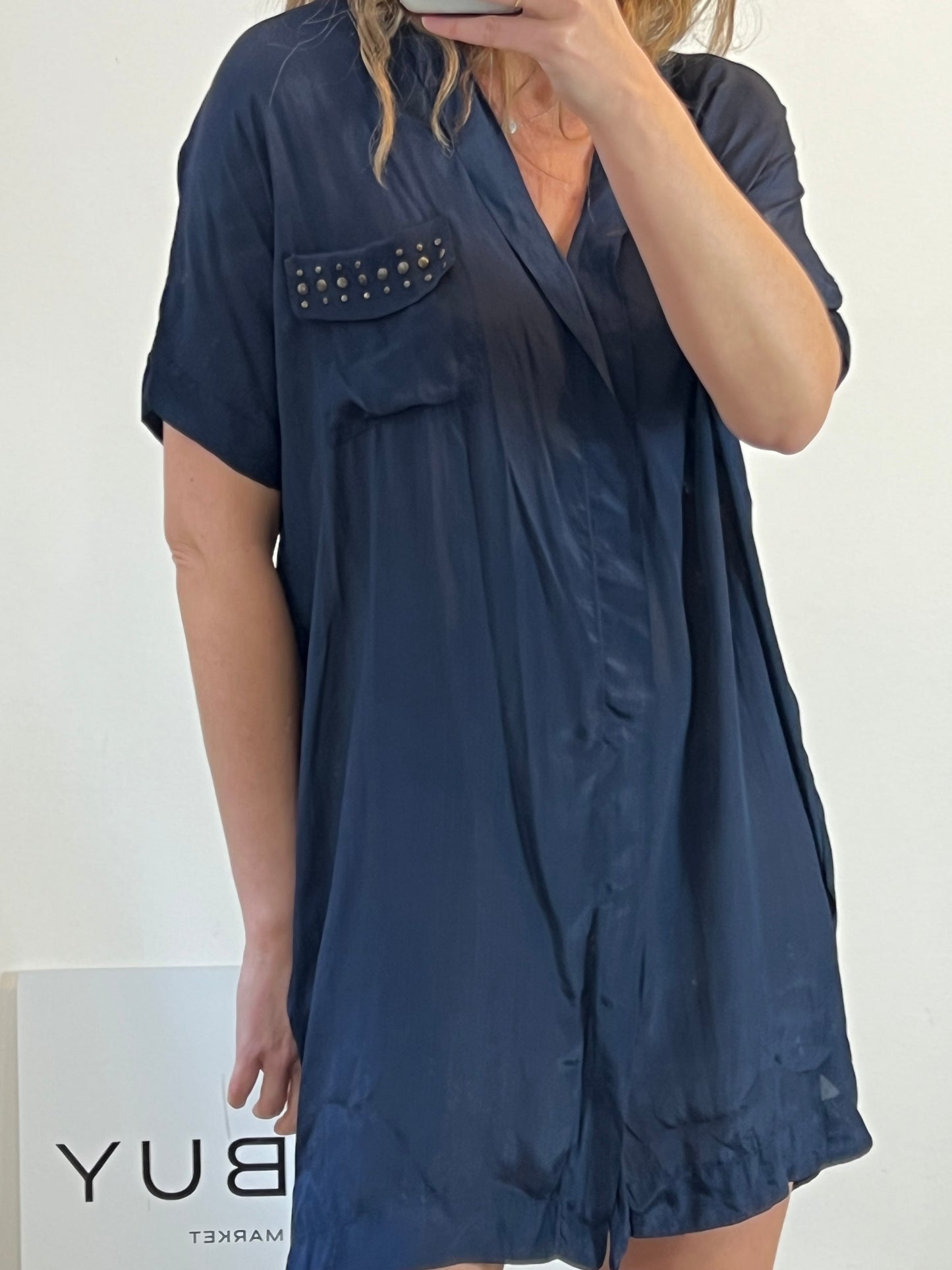 SOUVENIR. Vestido azul marino con seda. T S (M)