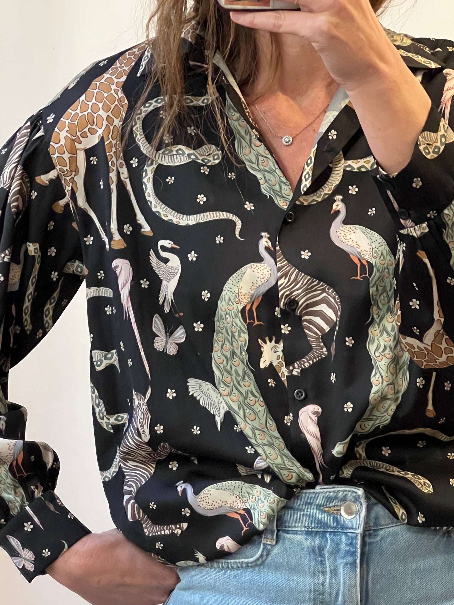 ZARA. Black satin printed blouse. T.S.