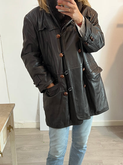 JIL SANDER. Abrigo marrón piel. T 40