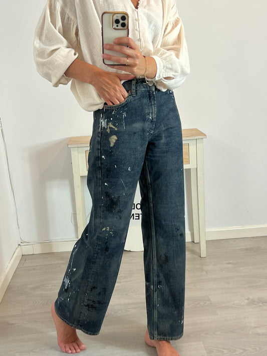 ZARA. Denim pata ancha detalle pintura. T 36
