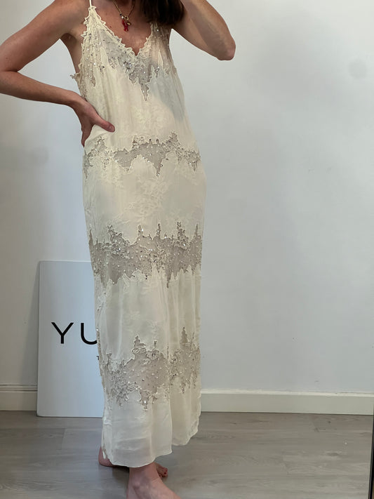 ZARA. Vestido lencero encaje y abalorios T.s