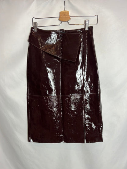MASSIMO DUTTI. Burgundy brown leather midi skirt. TS