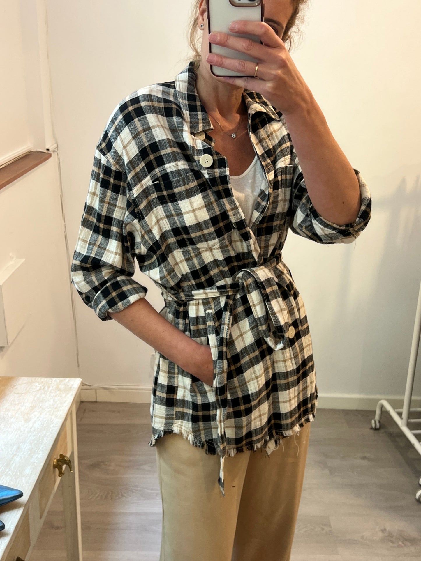 ZARA. Chaqueta cuadros cinturón. T S