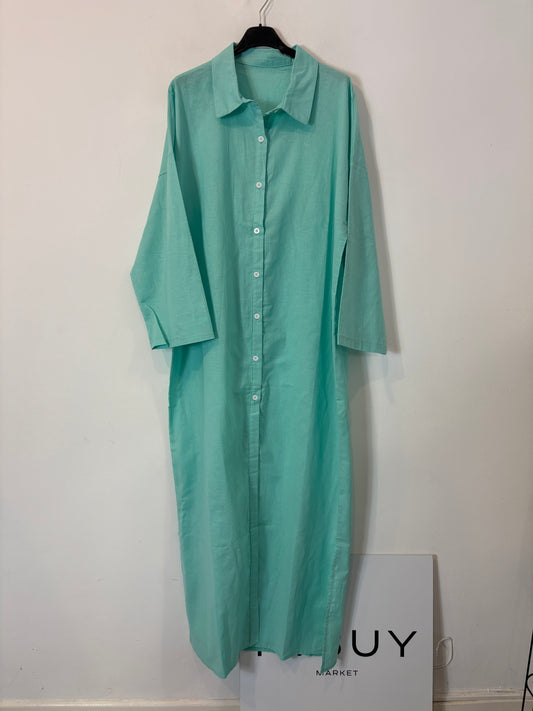 OTRAS. Vestido largo camisero verde agua mezcla