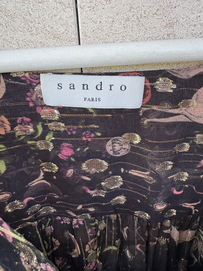 SANDRO. Vestido largo seda semitransparente. T 38