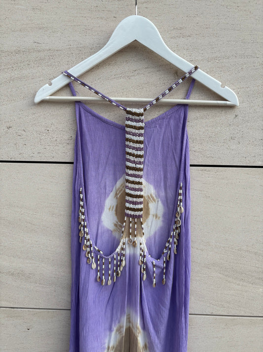 OTRAS. Vestido midi malva detalle abalorios