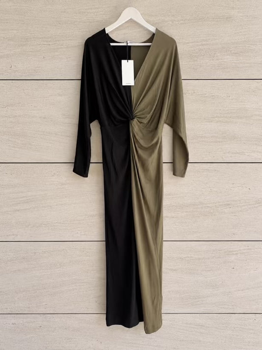 UTERQÜE. Vestido midi punto elástico bicolor