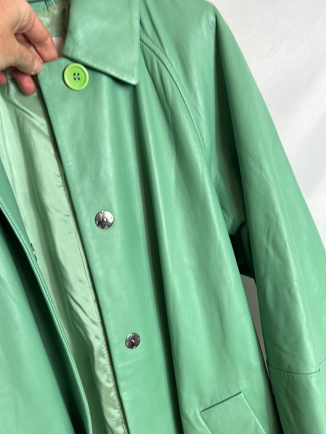 SPORTMAX (MAXMARA). Long, aqua-green leather jacket. Size 40