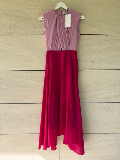 SALONI. Vestido largo seda bicolor